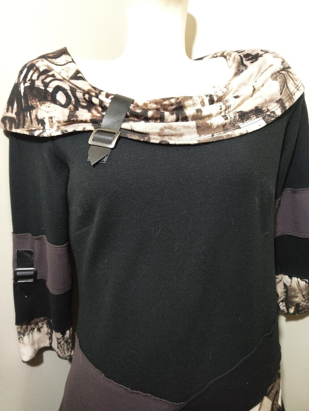 Bali Mixed Media Asymmetrical Tunic Top Black Abstract Faux Leather Trim M - Picture 7 of 12